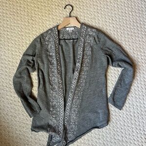 Garnet Hill Gray Cardigan with White Embroidery